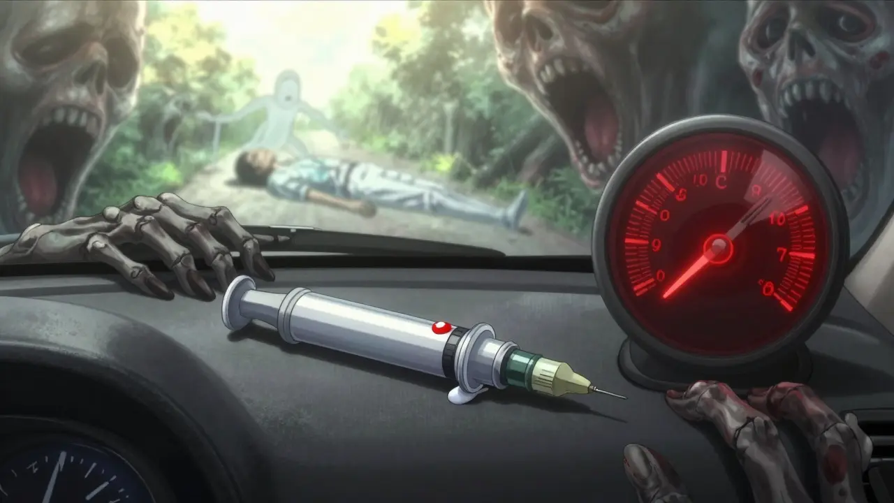 Stylo à insuline fondu sur un siège de voiture, sous une chaleur extrême, avec des ombres menaçantes.