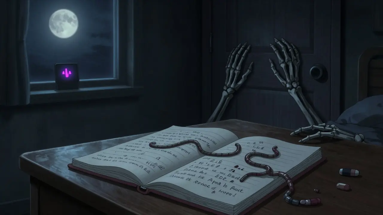 Un carnet de médicaments dont l'encre devient des mains squelettiques qui avancent vers une porte fermée, sous une lune froide.