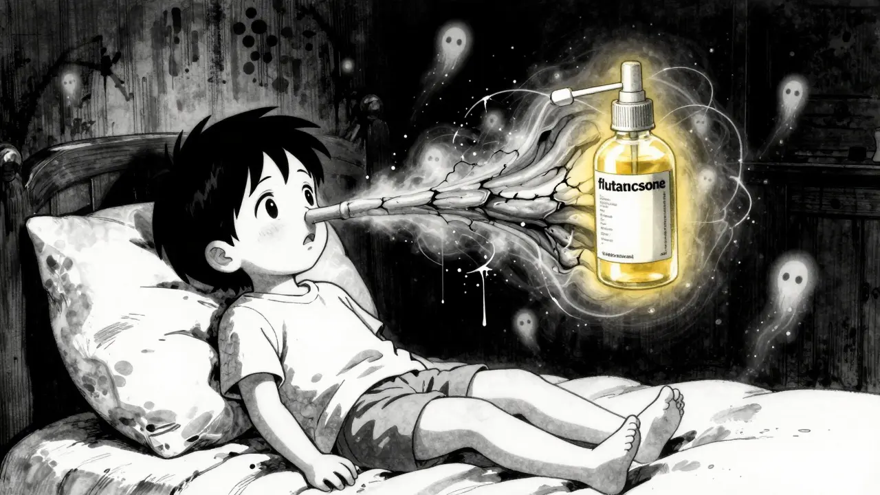 Un enfant face à un septum nasal monstrueux, apaisé par une brume salvatrice dans un décor d'horreur psychologique.