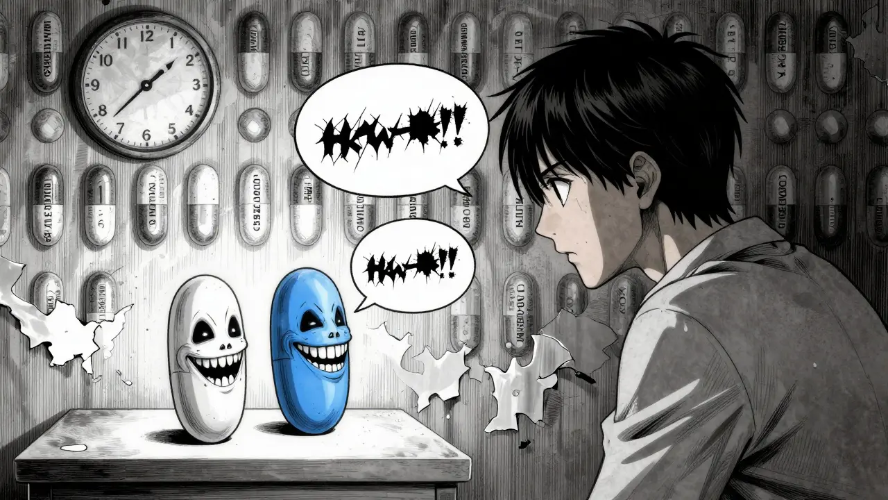 Un patient regarde deux pilules qui deviennent des visages grinçants, entourées d'une infinité de pilules identiques dans un style d'horreur psychologique.