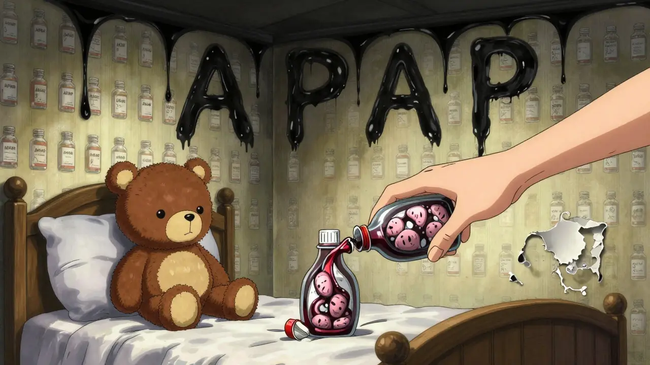 Une bouteille de sirop pour enfant libère des visages hurlants, un parent tente de la saisir dans une chambre envahie de médicaments.