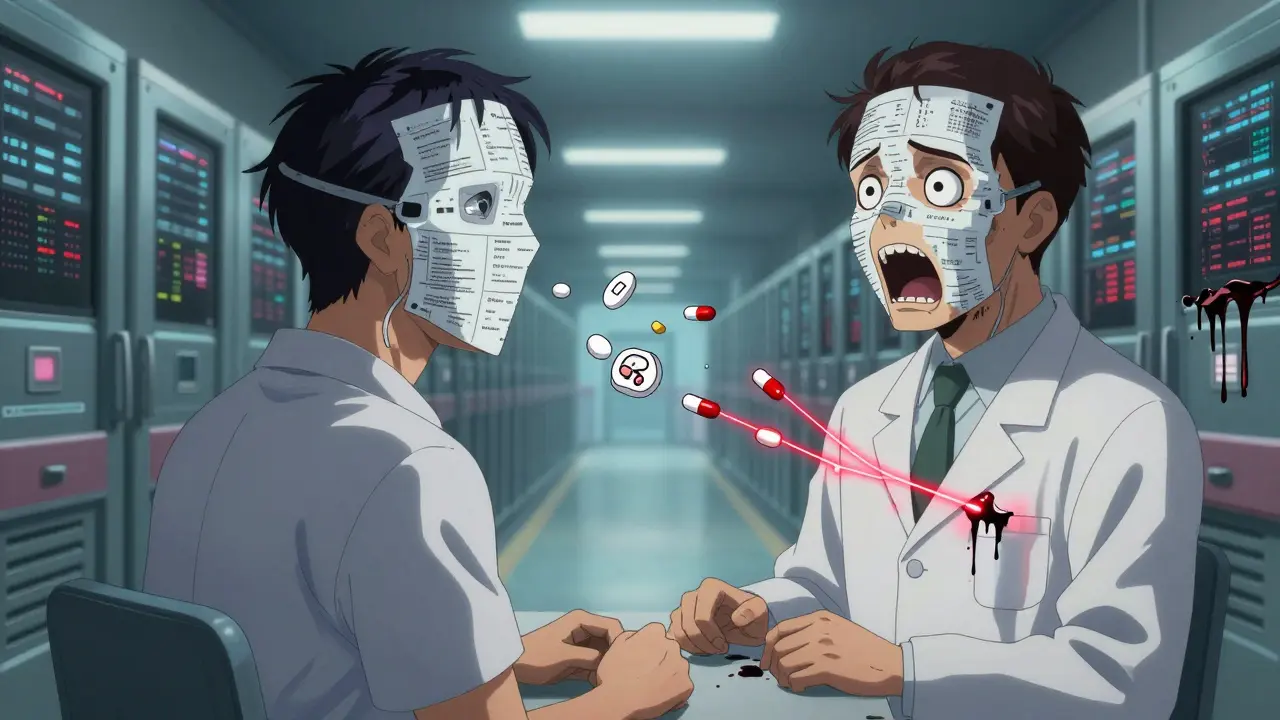 Une consultation télémedicale où le pharmacien a un masque fait de formalités médicales et le patient se désintègre en pilules flottantes.