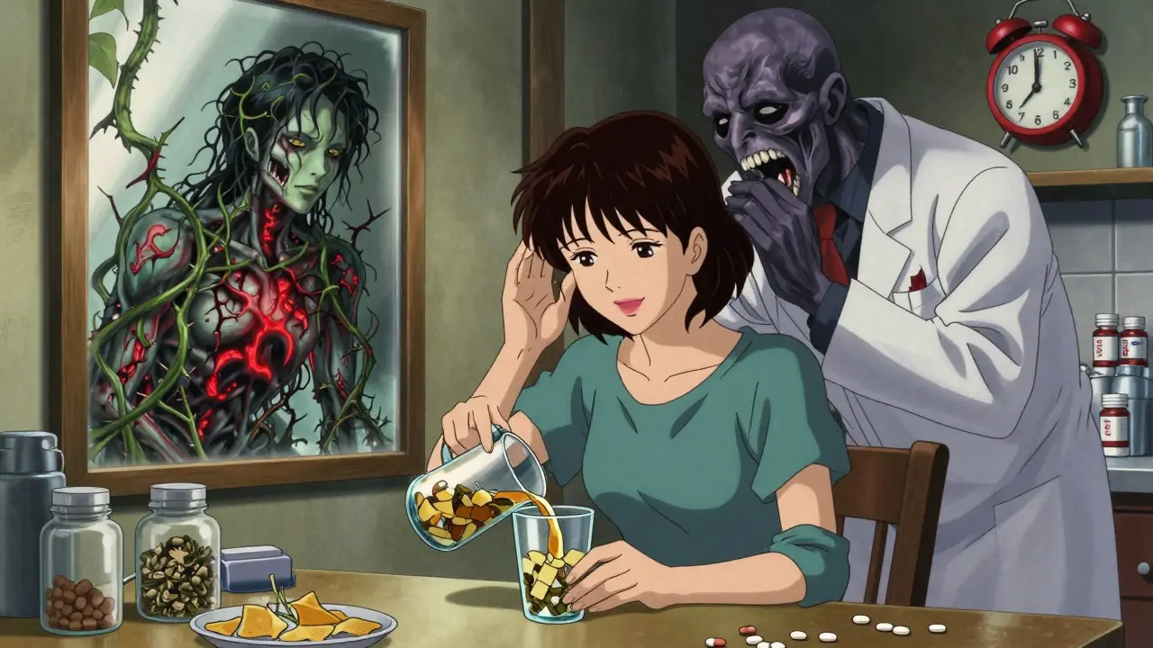 Une femme boit des compléments naturels, mais son reflet se transforme en plantes toxiques, un pharmacien monstrueux la regardant.