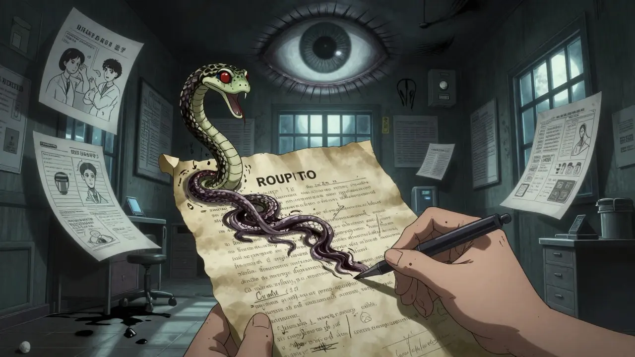 Une main écrivant une demande d'exception qui se transforme en serpent de texte juridique.