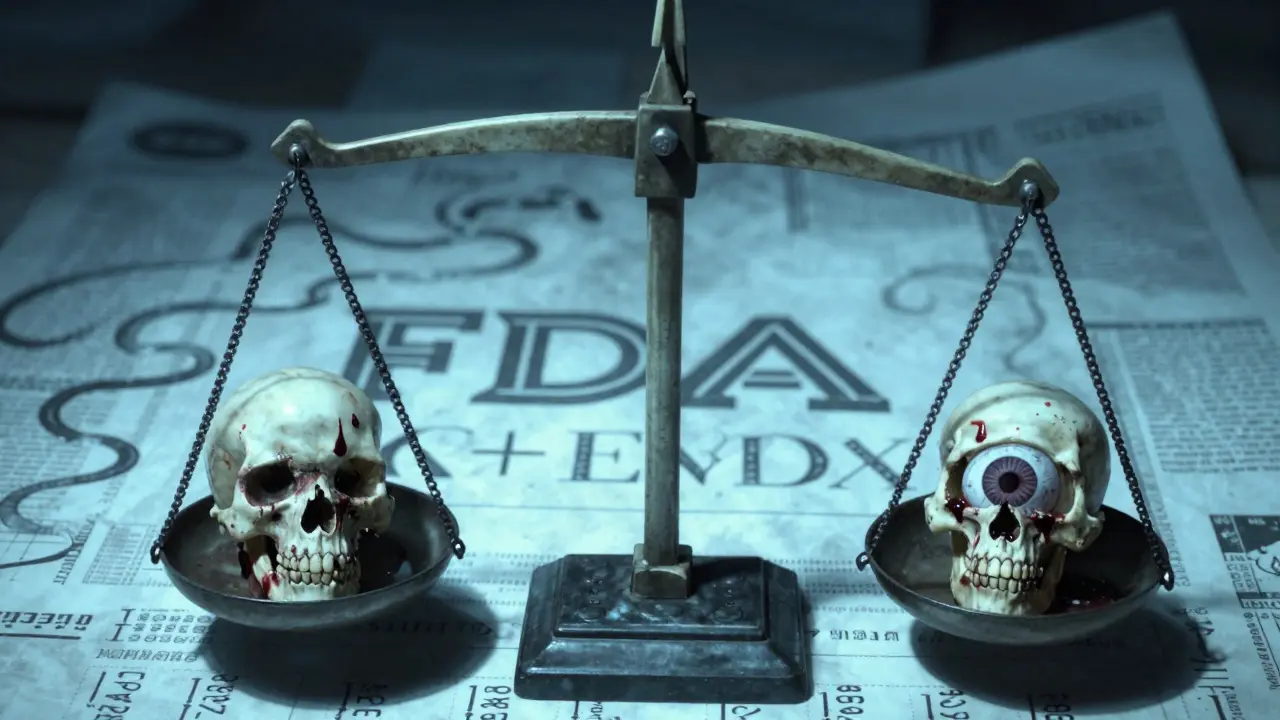 Balance réglementaire avec emblèmes FDA et EMA en os, marqueurs déformés.