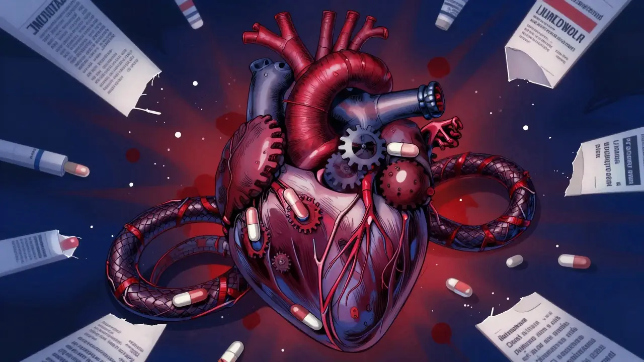 Cœur en fils torsadés et pilules fusionnant, serpent issu d'un décongestionnant