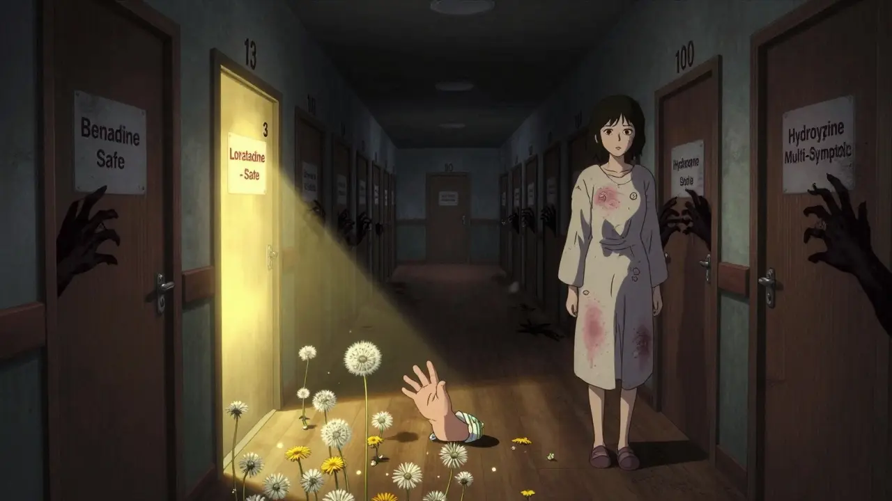 Couloir infini de portes médicales, seule la porte 'Loratadine' émet une lumière dorée, tandis que d'autres cachent des ombres menaçantes.