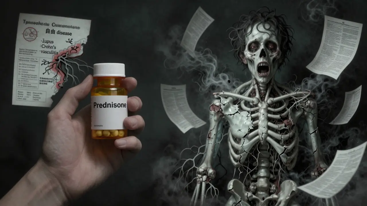 D'un côté, une main tenant une pilule avec des veines qui deviennent des racines ; de l'autre, la même personne déformée, os cassés, visage creux, entourée de documents médicaux en cendres.