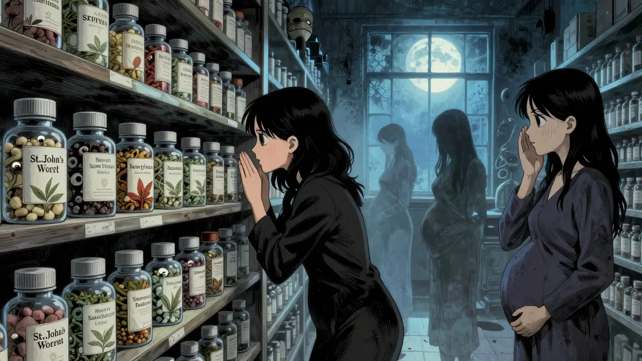 Étagère de compléments herbals qui se transforment en créatures aux yeux multiples, tandis que des silhouettes de femmes enceintes flottent comme des fantômes.