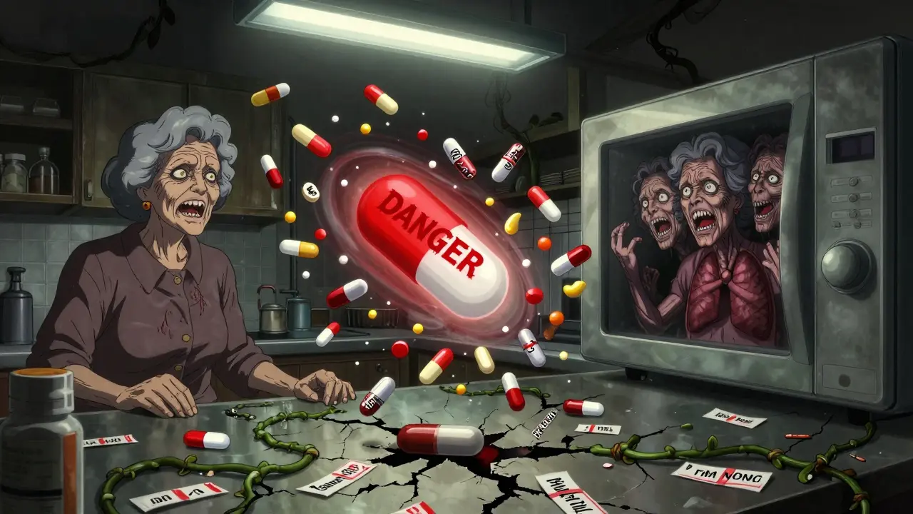 Femme âgée entourée de pilules flottantes aux visages hurlants, son reflet montre une version monstrueuse d'elle-même.