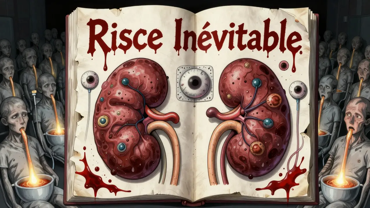 Livre médical monstrueux où des levures humaines émergent des reins, entourées de signes d'avertissement.