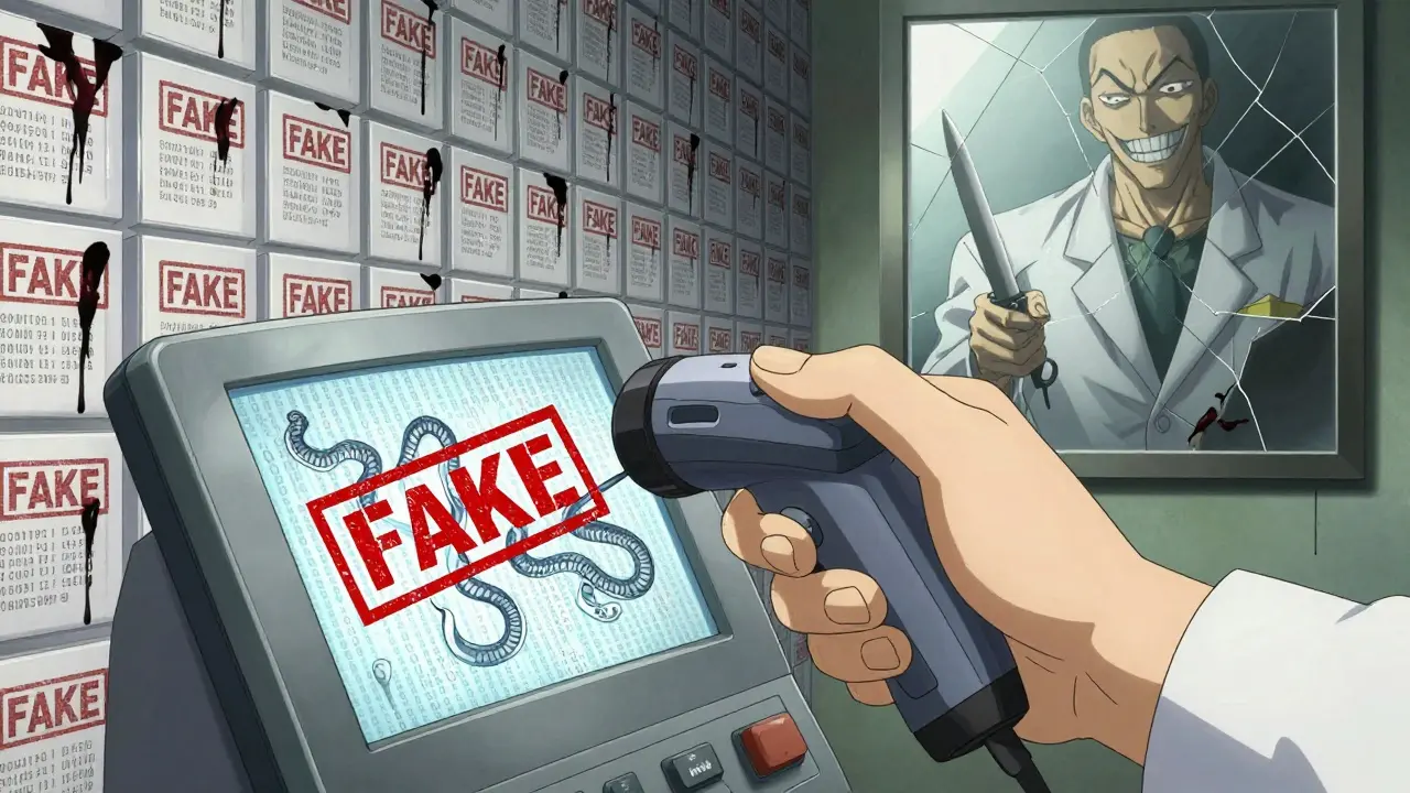 Main de pharmacien scannant une boîte dont le code sériel se transforme en serpents de code binaire, affichant 'FAUX' en rouge.
