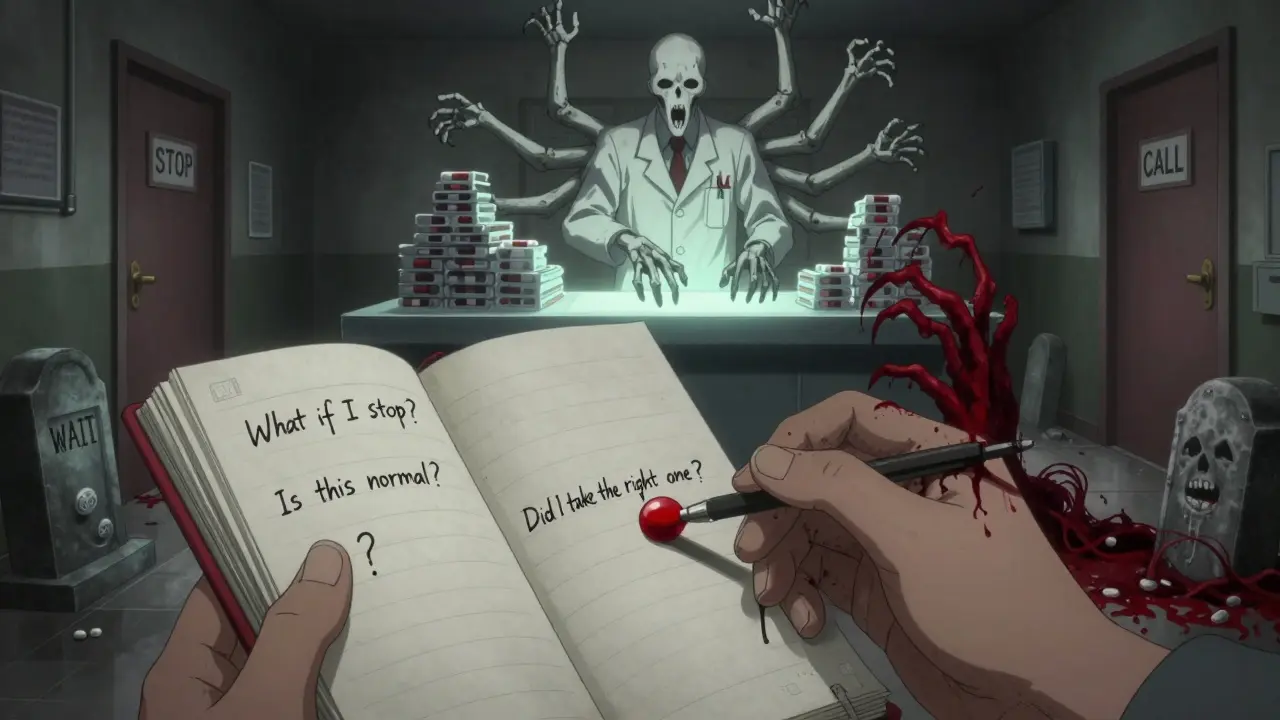 Main tenant un carnet de questions médicales, des mains squelettiques issues de l'encre atteignent un comptoir de pharmacie géant.