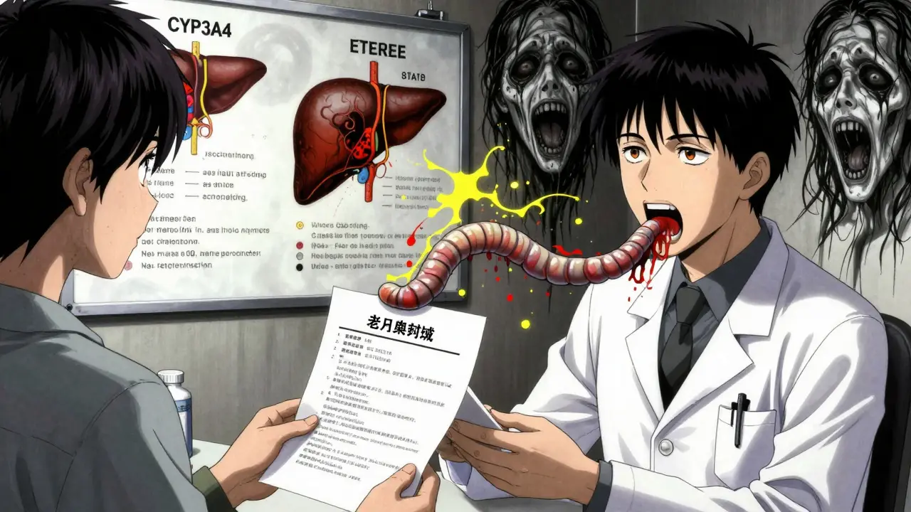 Médecin recevant une liste de suppléments qui se transforme en ver vivant, des schémas médicaux déchirés en visages hurlants derrière eux.