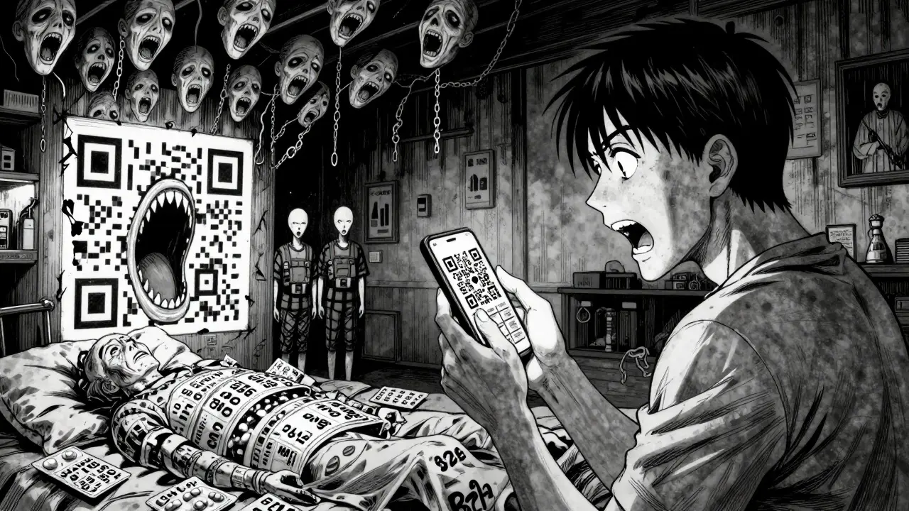 Patient scanne un médicament dans sa chambre ; le code QR révèle une usine de contrefaçons où des corps portent des comprimés.