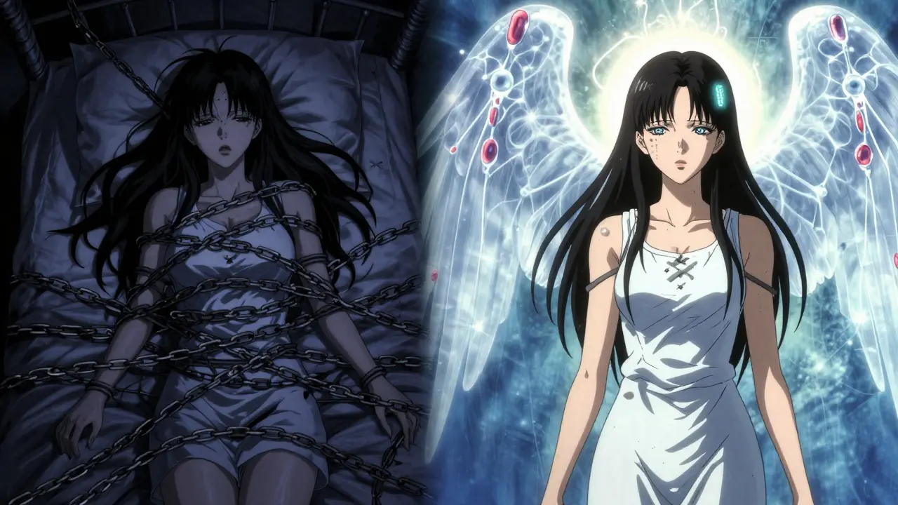 Portrait dual : une femme emprisonnée par des migraines d'un côté, libre et apaisée de l'autre, avec des marques de Botox lumineuses.