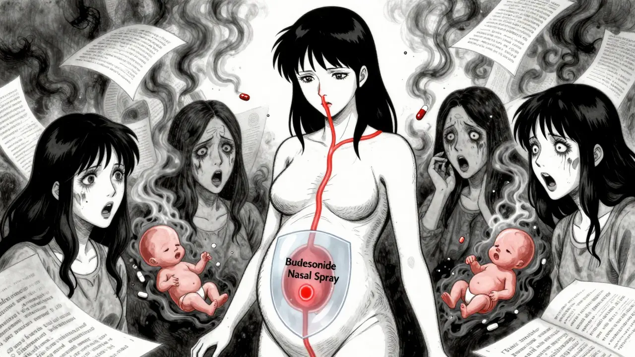 Schéma médical d'une femme enceinte avec un bouclier protégeant le fœtus d'un spray nasal, entouré de formes sombres représentant des médicaments dangereux.