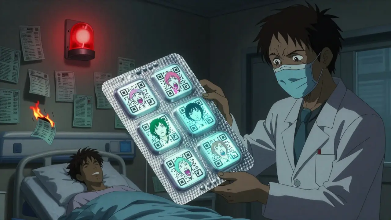 Un blister pack intelligent flottant au-dessus d'un lit d'hôpital, avec des codes QR qui affichent des visages hurlants en hologramme.