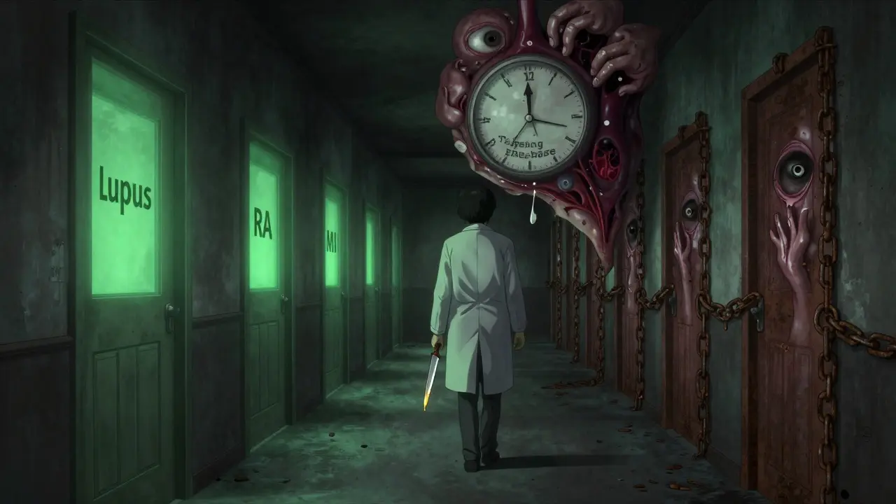 Un couloir de portes représentant des maladies auto-immunes, trois seulement brillent, tandis qu'une glande surrénale implose, ses fragments formant un compte à rebours.