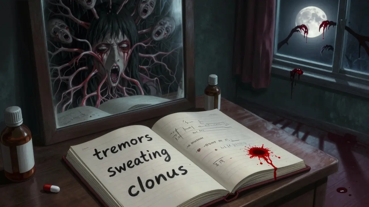 Un journal ouvert avec des notes manuscrites sanglantes, reflétant dans un miroir des visages hurlants issus de voies nerveuses en explosion.