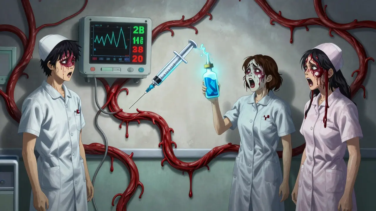Un moniteur médical affichant une courbe de pression artérielle qui se transforme en veines vivantes, sous la surveillance inquiète d'infirmières.