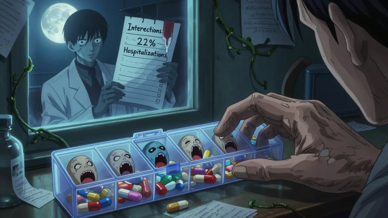 Un organisateur de comprimés dont les pilules deviennent des visages hurlants, sous une lumière froide.