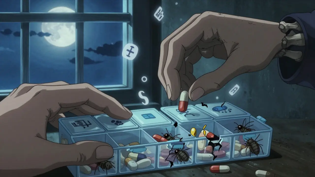 Un organisateur de pilules désordonné avec des comprimés mal placés, entouré de symboles médicaux qui deviennent des visages hurlants.