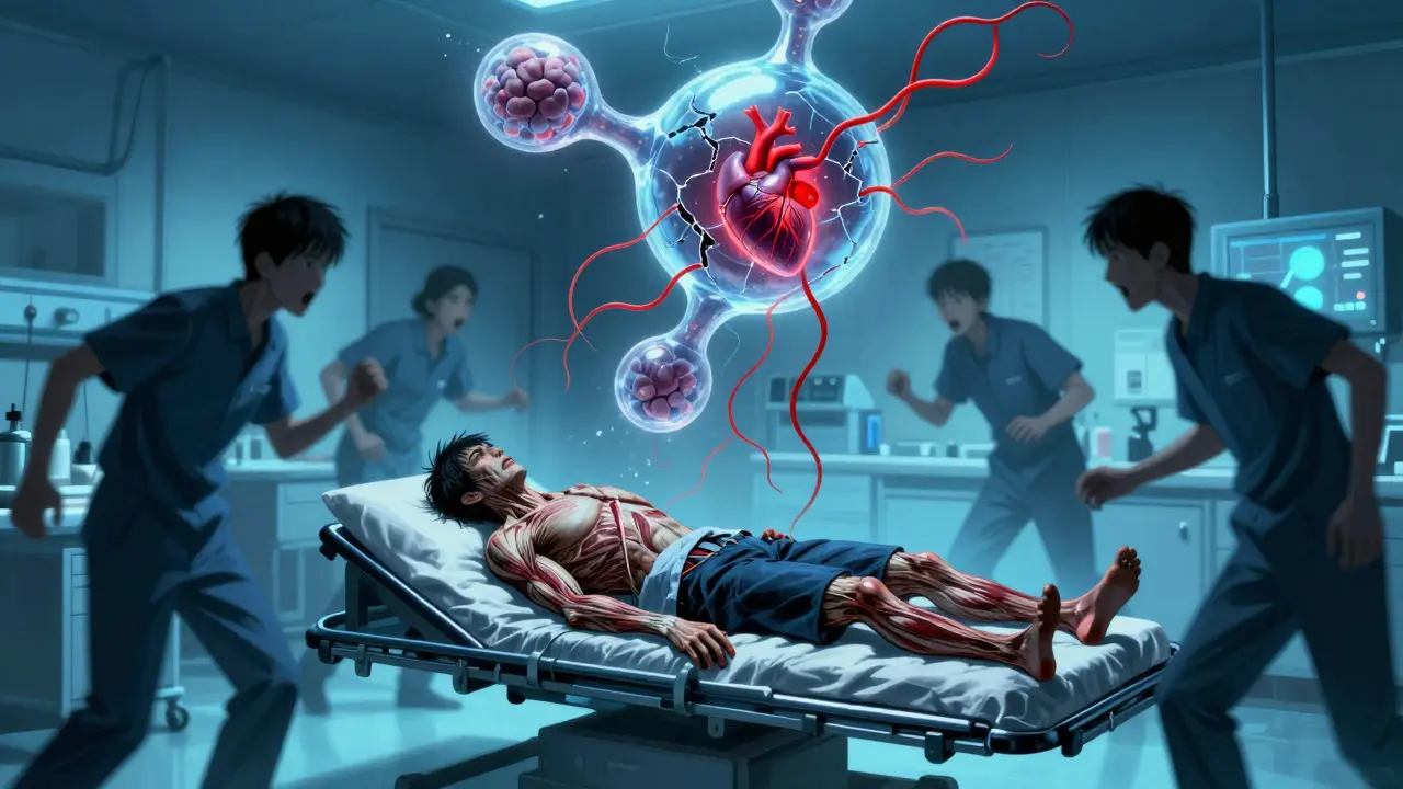 Un patient en crise musculaire rigide dans une salle d'urgence, une molécule de sérotonine géante émettant des tentacules rouges vers son cerveau.