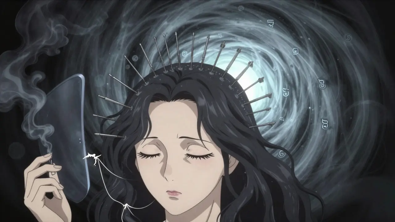 Un plan rapproché du cuir chevelu avec des aiguilles libérant des vapeurs noires, bloquant les signaux de douleur.