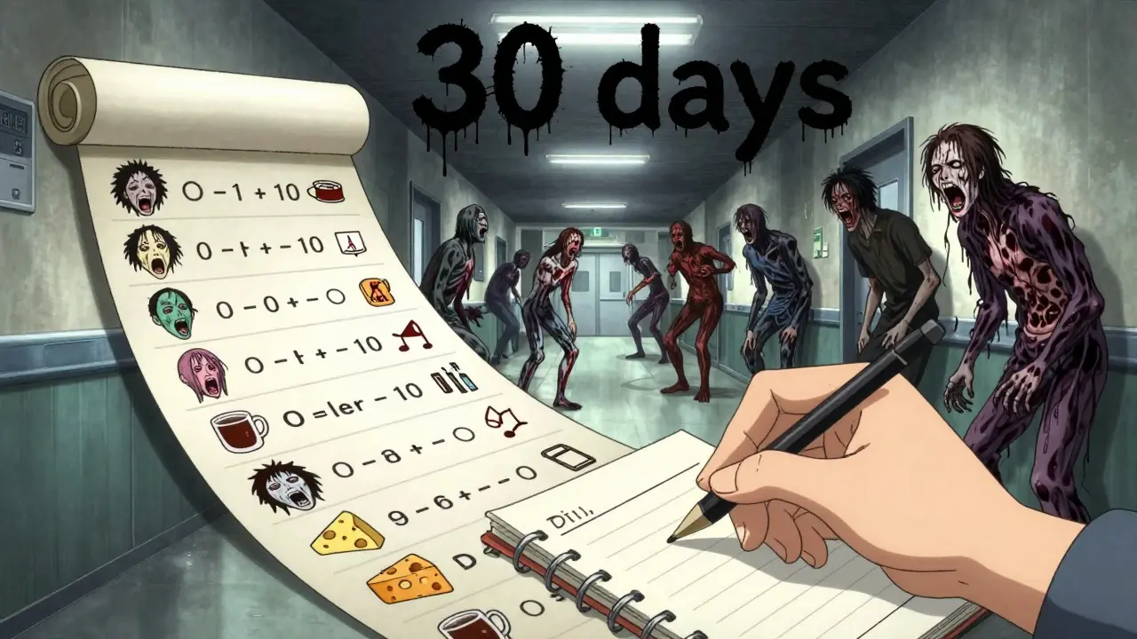 Un tableau médical vivant s'étend dans un couloir, avec des visages hurlants et des symboles de déclencheurs, tandis qu'une main écrit calmement.