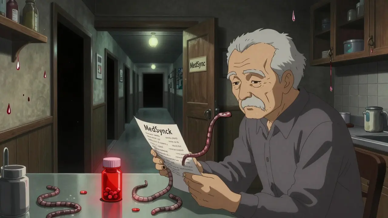 Une liste écrite à la main qui se transforme en vers, dans une cuisine sombre avec une seule bouteille rouge qui brille.