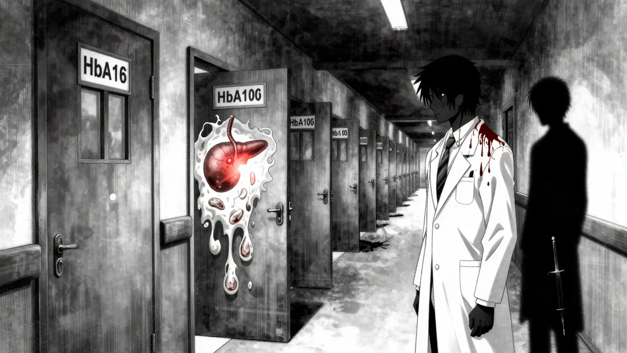 Couloir d'hôpital infini avec des portes marquées par des valeurs de glycémie, un pancréas lumineux à l'intérieur d'une porte.