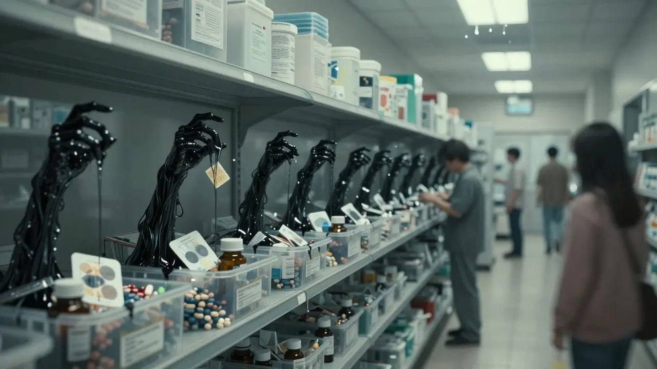 Des bacs de collecte de médicaments dans une pharmacie, avec des liquides qui s'écoulent comme des mains.