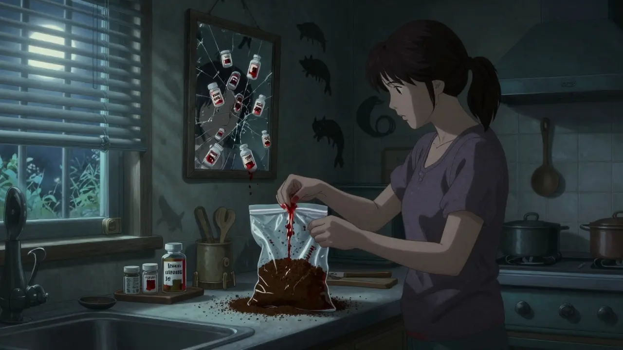 Des médicaments périmés mélangés à du marc de café, formant des bouches qui crient dans un sac scellé.