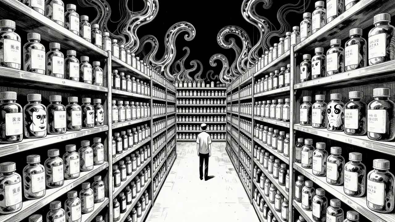 Entrepôt infini de bouteilles de pilules avec des visages distordus sur les étiquettes.