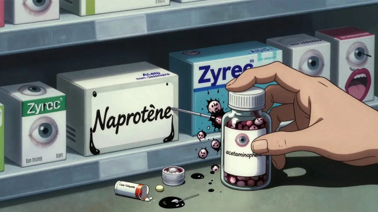 Étagère de médicaments avec des yeux sur les emballages, un flacon qui suinte des visages hurlants portant le nom 'acetaminophène'.