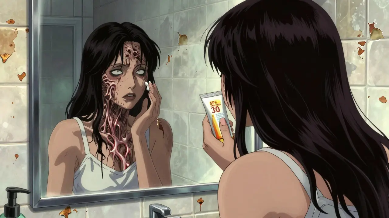 Femme appliquant une crème solaire, son reflet révélant un visage dévasté par les dommages solaires.