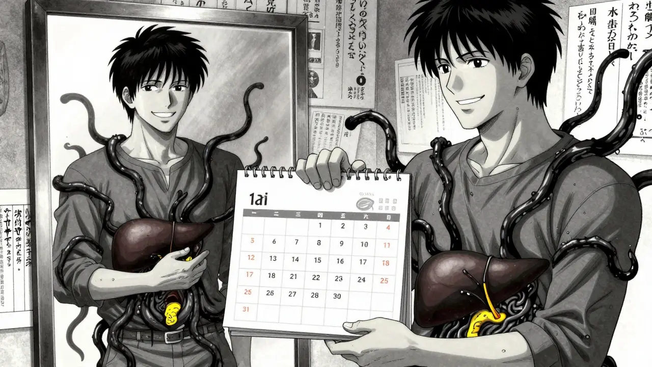 Homme souriant, mais son reflet montre des tentacules noirs envahissant son foie et son pancréas, dans un miroir.