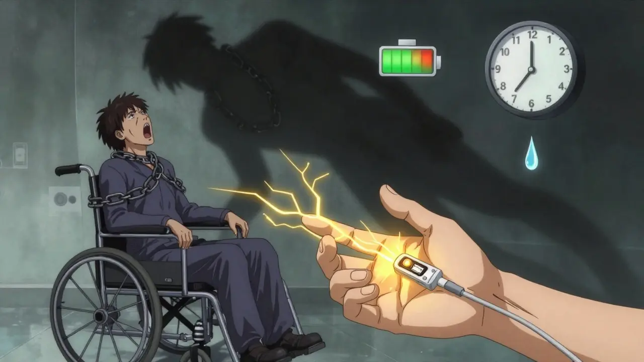 Main guérie par stimulation cérébrale, mais ombre monstrueuse d’un passé paralysé, une batterie clignotante et une larme qui devient une électrode.