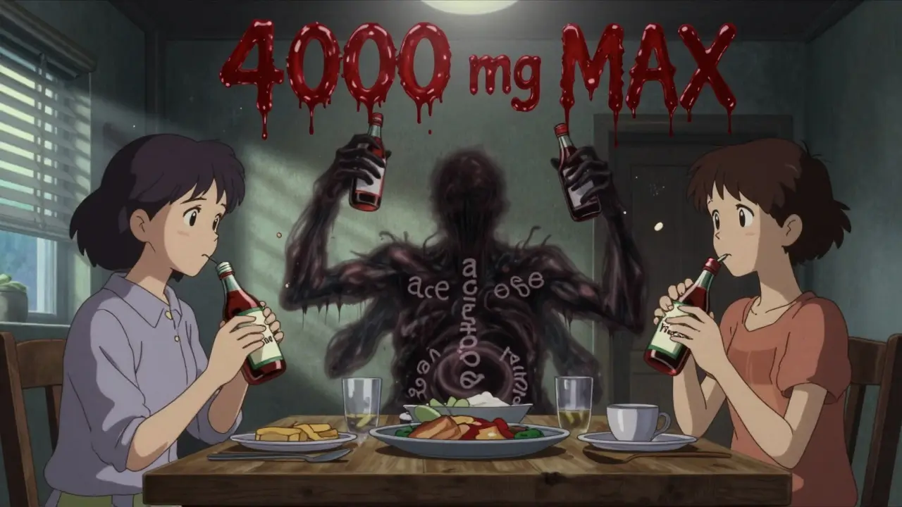 Ombres fusionnées d'une mère et d'un enfant tenant des sirops, formant une entité monstrueuse avec des glyphes de dosage.