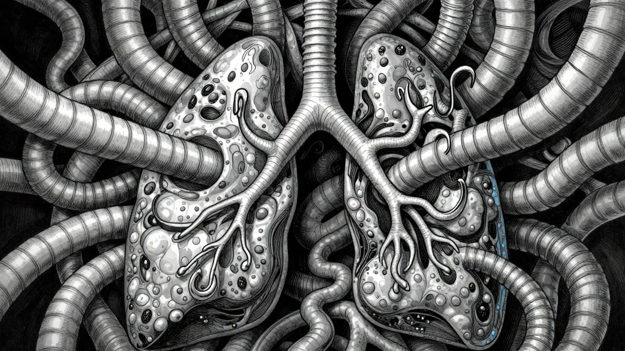 Poumons abstraits se contractant en nœuds, style manga horrifique détaillé.