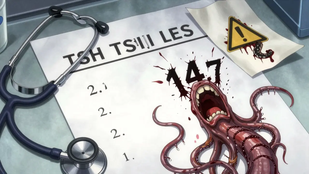 Résultats de sang où les taux TSH deviennent des tentacules hurlants, entourés d'objets médicaux aux formes déformées.