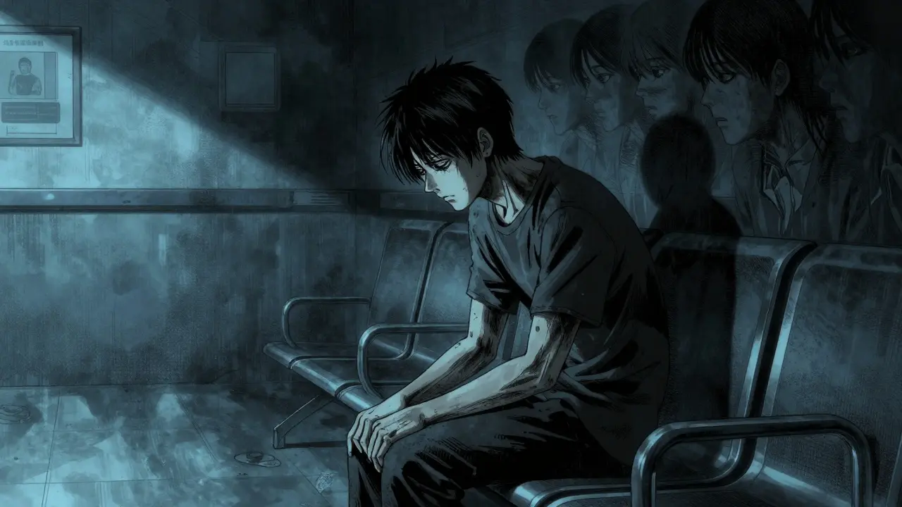 Silhouette anxieuse dans une salle de consultation médicale sombre.