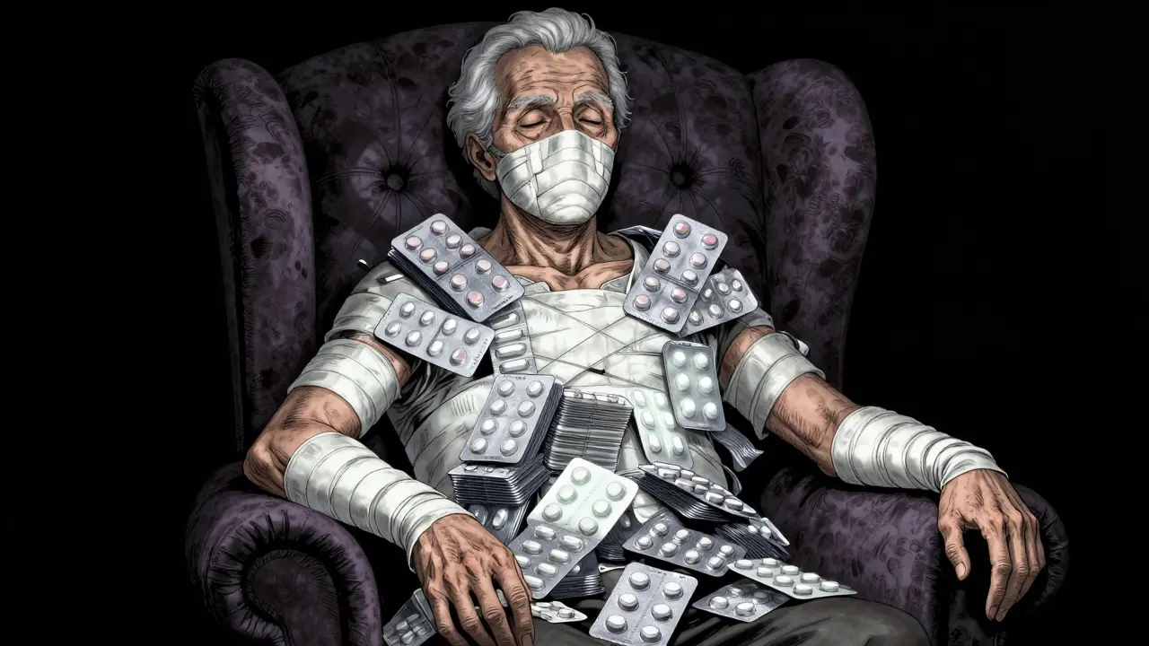 Silhouette humaine fusionnant lentement avec des plaquettes de médicaments plastiques.