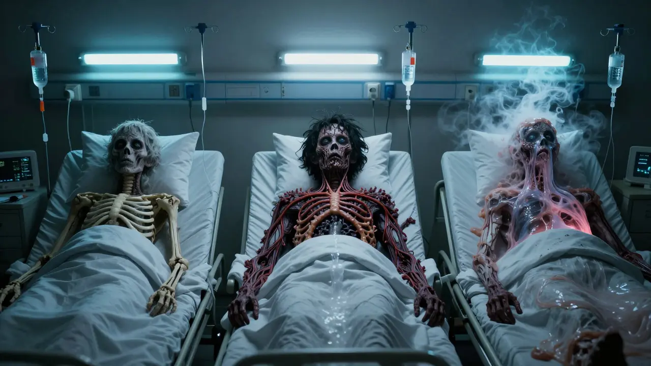 Trois patients hospitalisés dont les corps se déforment en raison de toxicités par l'aluminium, le calcium et le magnésium.