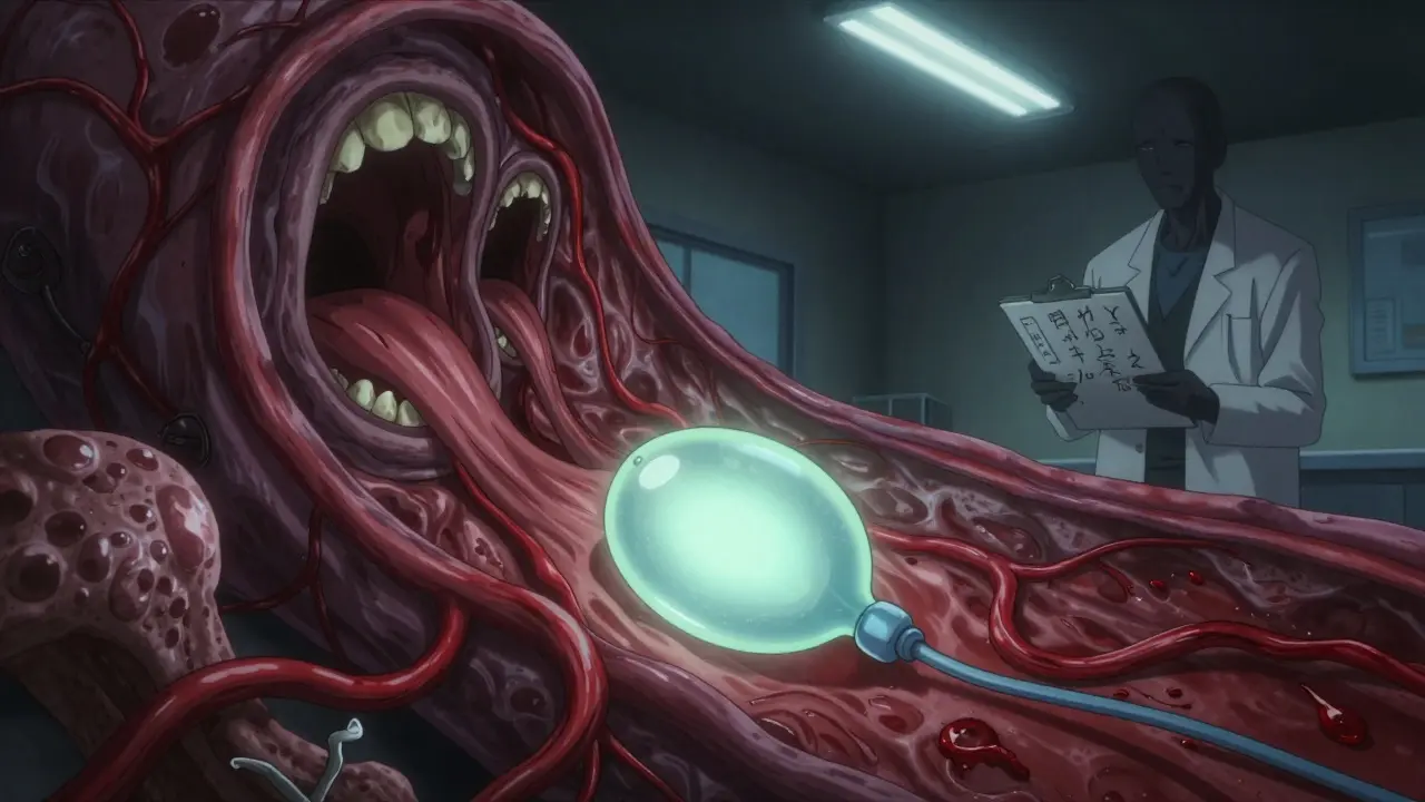 Un ballon médical en train d'élargir un tube d'Eustache recouvert de bouches hurlantes, sous une lumière clinique vacillante.