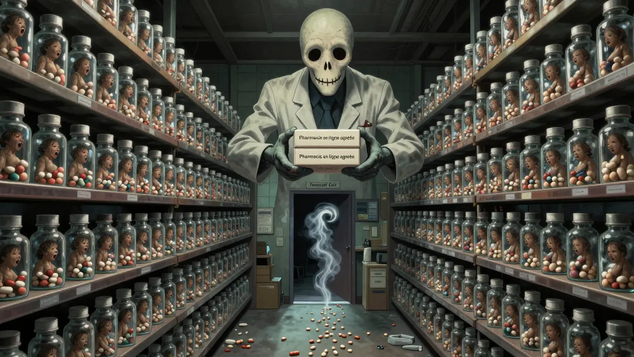Un entrepôt rempli de bouteilles de pilules contenant des êtres humains hurlant, sous l'œil d'un pharmacien sans visage.