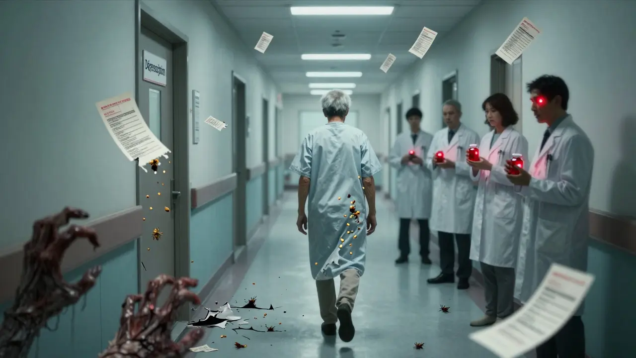 Un homme âgé marchant dans un couloir hospitalier où les ordonnances deviennent des mains griffues.