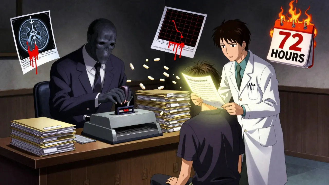 Un patient face à une créature bureaucratique de dossiers, protégé par une lettre médicale lumineuse, entouré de preuves flottantes de son état.