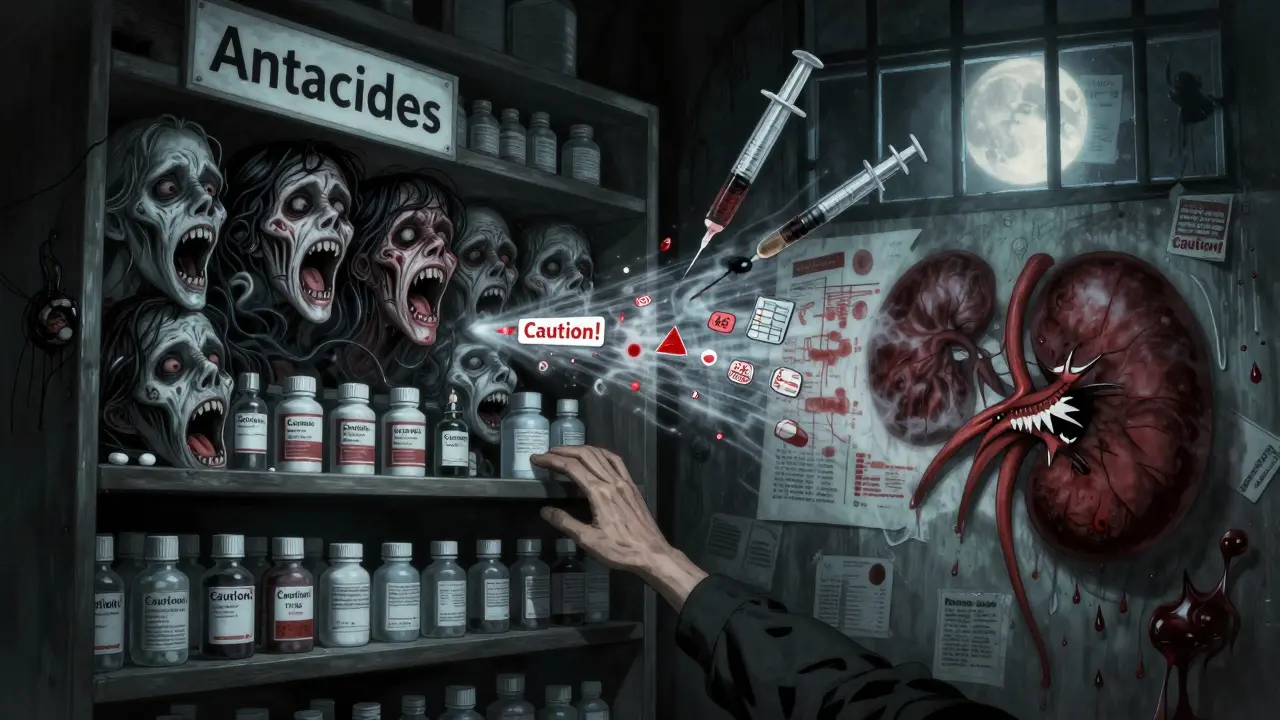 Une étagère de médicaments qui se transforme en visages hurlants, avec une ombre de rein dévorant des symboles toxiques.